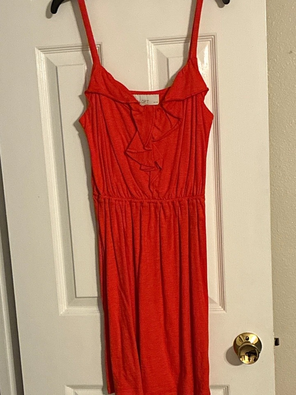 LOFT Coral-Red Ruffle-Front Spaghetti Strap Midi Dress